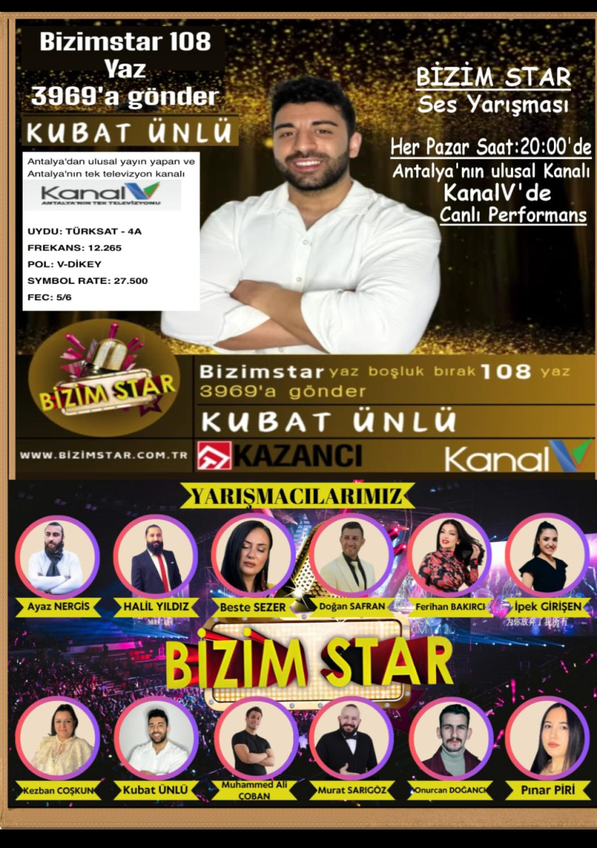 Hemşehrimiz Kubat Ünlü Bizim Star Ses Yarışmasında 1. Oldu.